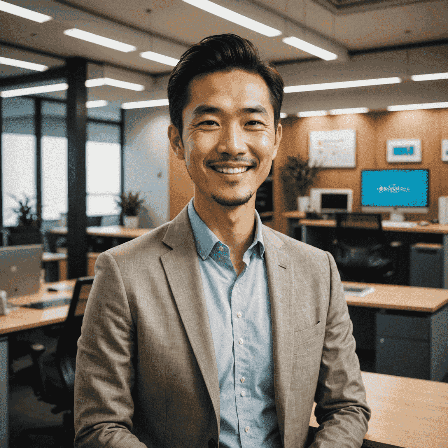 Yuki Tanaka, founder of CareerSpark, smiling confidently in a modern office setting in Tokyo