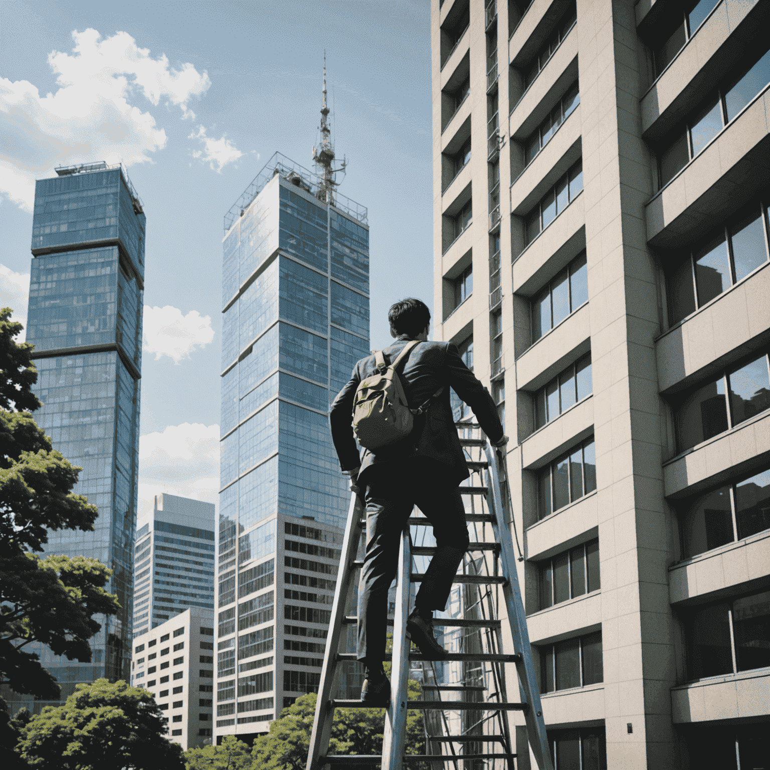 Illustration of a person climbing a career ladder with Japanese office buildings in the background