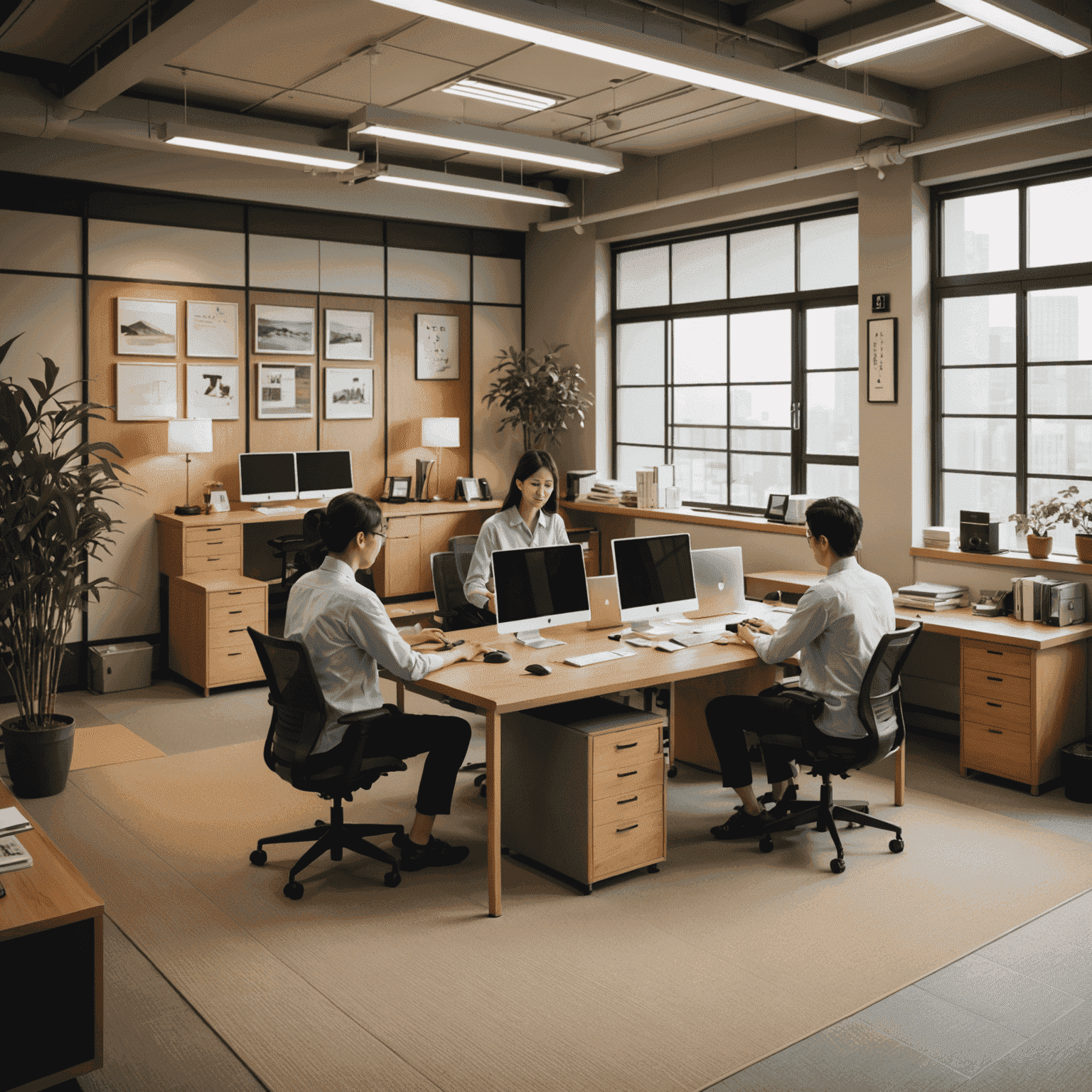 A Japanese office setting with employees collaborating, showcasing modern workplace culture and traditional elements