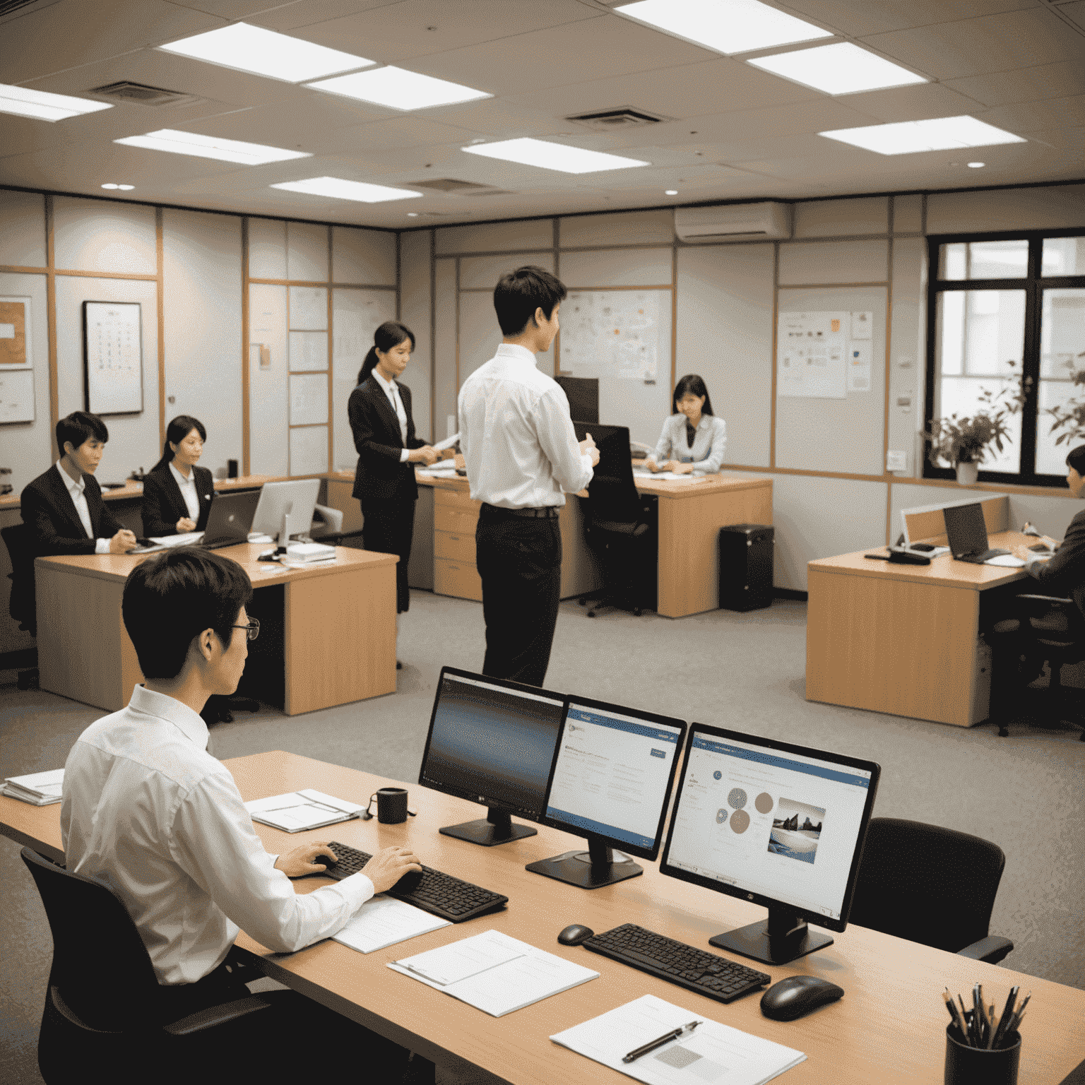 A Japanese office setting with employees working at desks. One person stands out, subtly showcasing their achievements through a presentation to colleagues.