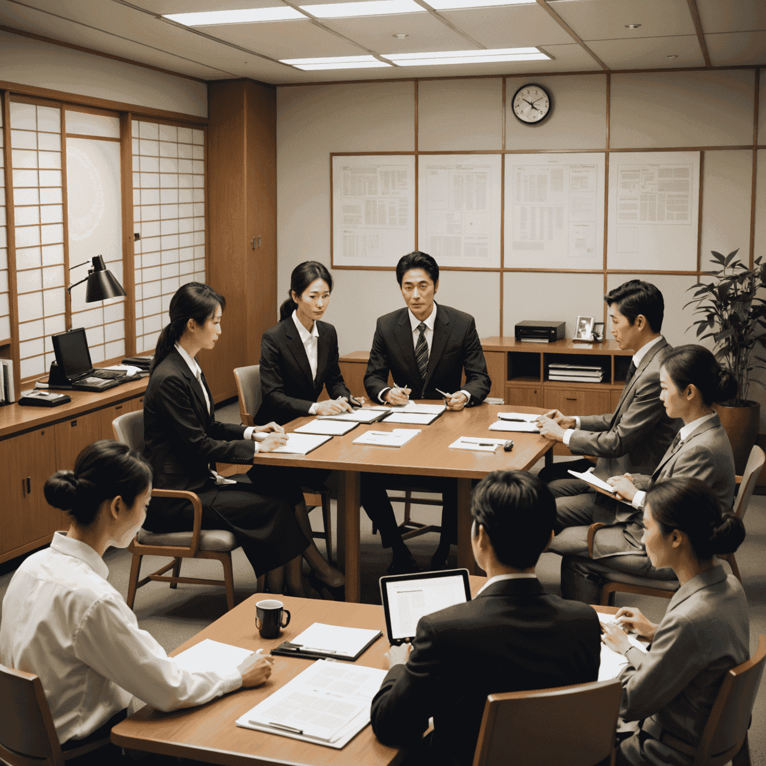 A Japanese office setting with employees engaged in a performance review meeting. The image shows a mix of traditional and modern elements, with people wearing business attire seated around a low table, some holding tablets or documents.