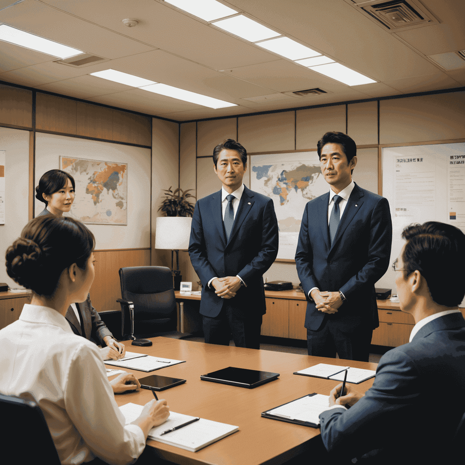 A diverse group of professionals in a Japanese office setting, with a foreign leader presenting to the team. The image showcases a blend of traditional Japanese office elements and modern global business practices.