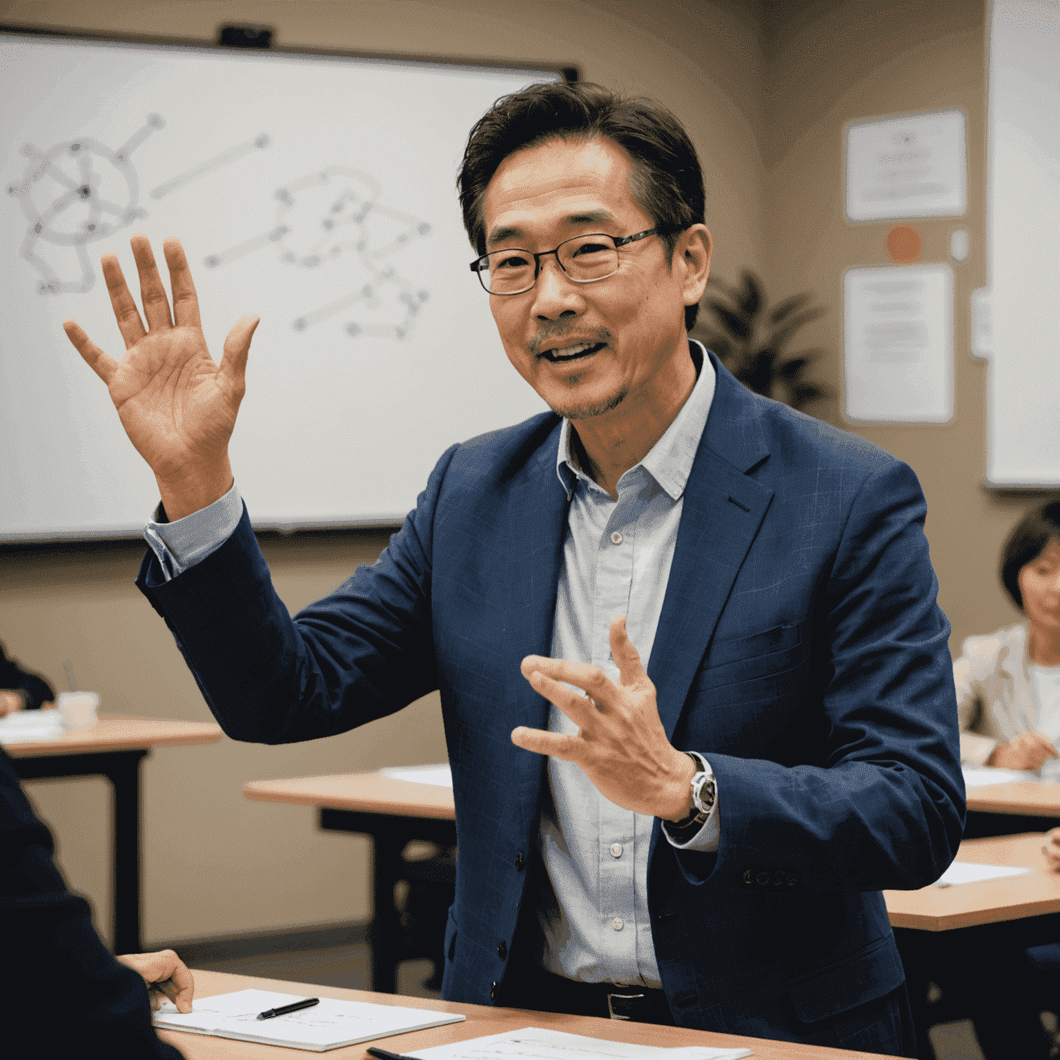 Hiroshi Watanabe, senior career coach, gesturing enthusiastically during a workshop