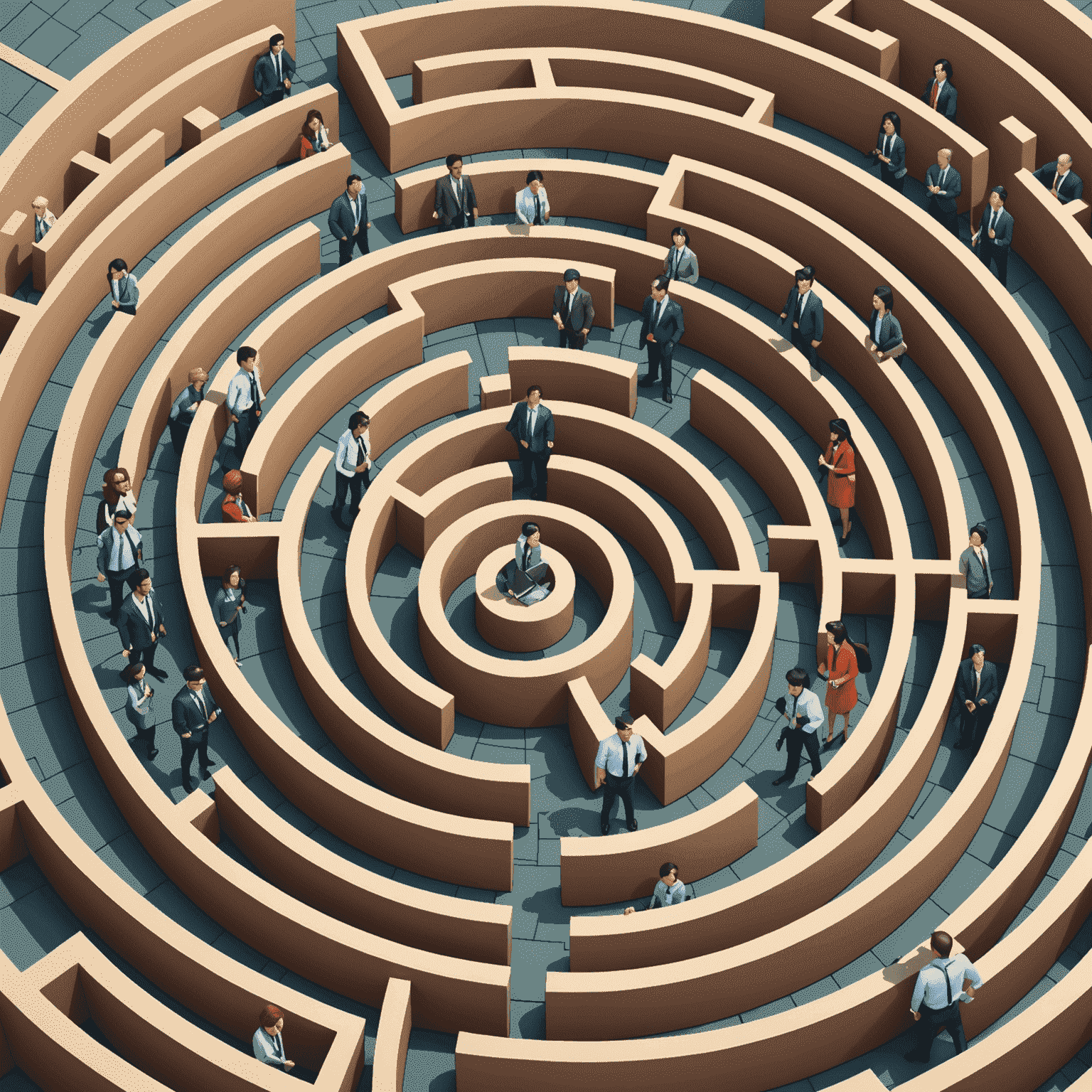 Cartoon depiction of diverse professionals navigating a maze-like Japanese office