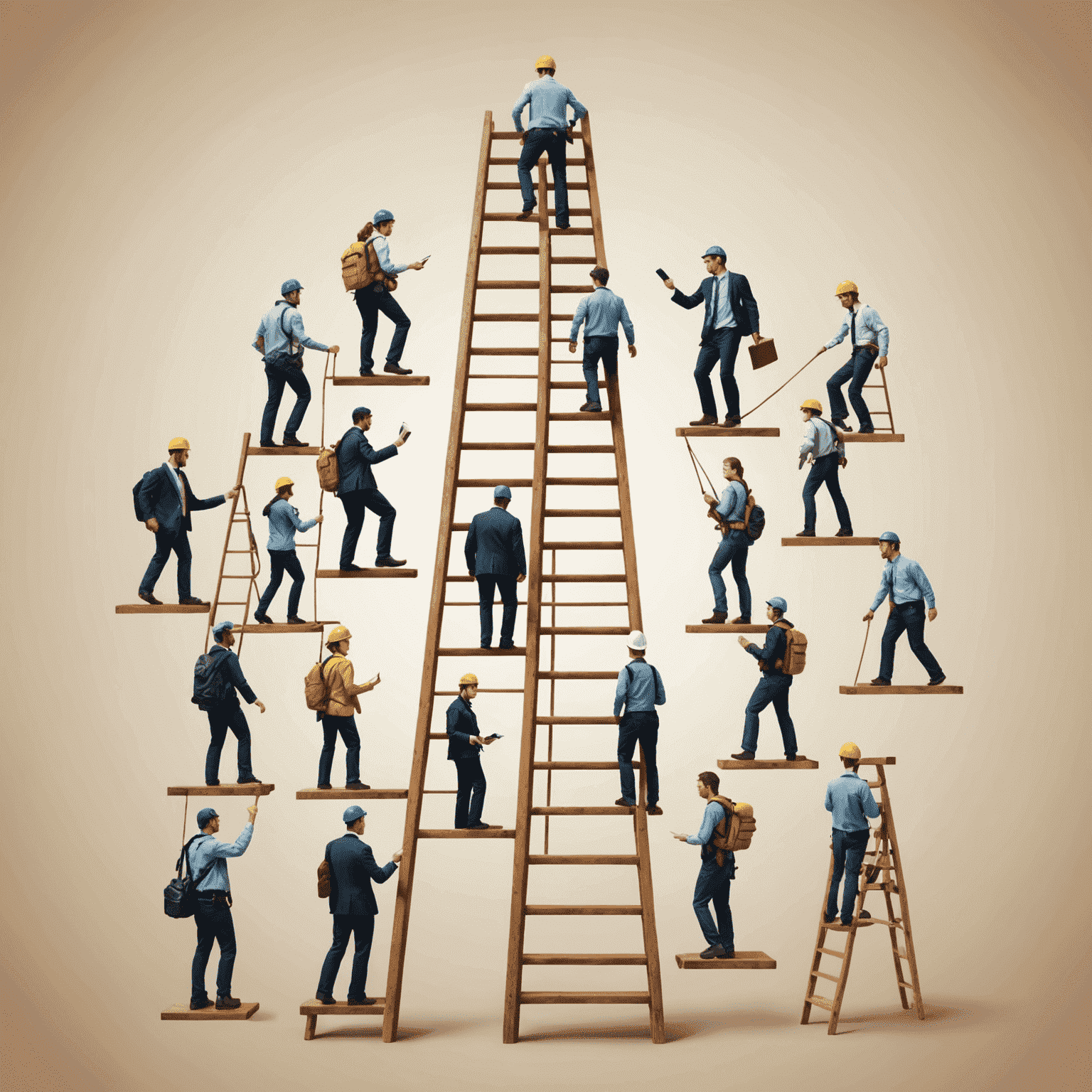 Illustration of a person climbing a career ladder with each step representing a different skill: communication, adaptability, teamwork, leadership, and cultural awareness.