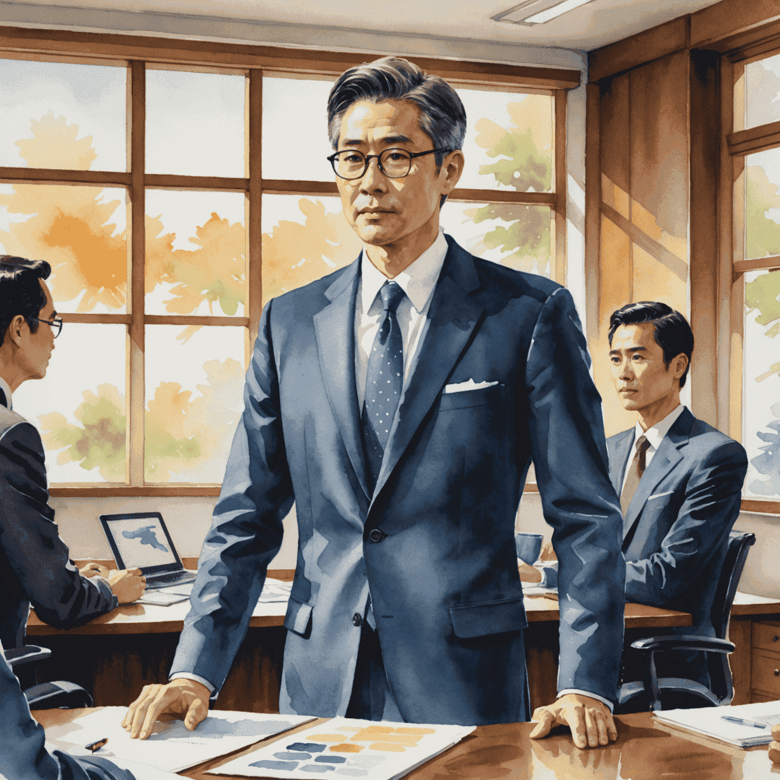 Watercolor illustration of a person confidently presenting ideas in a Japanese boardroom