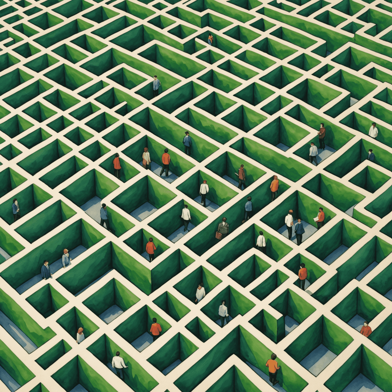 Watercolor illustration of a maze with Japanese office workers navigating through it, symbolizing the complexities of office politics.