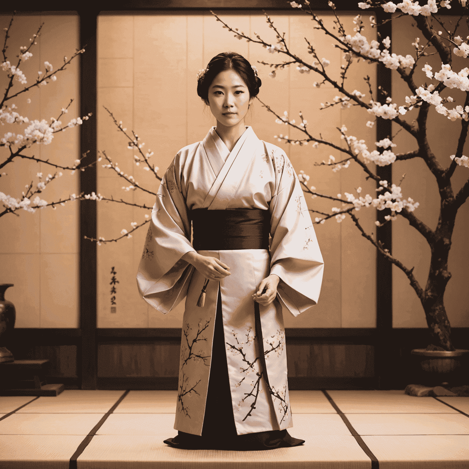 Artistic representation of a person confidently presenting their achievements on a Japanese-style stage, with subtle cherry blossom motifs in the background.