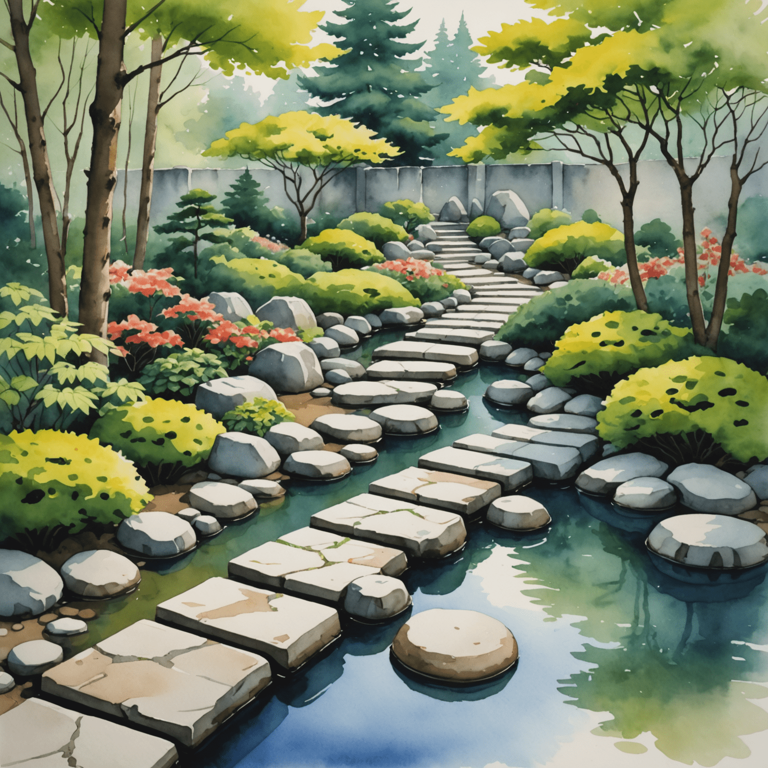 Watercolor illustration of a Japanese-style garden with stepping stones, each representing a step in the performance review process.