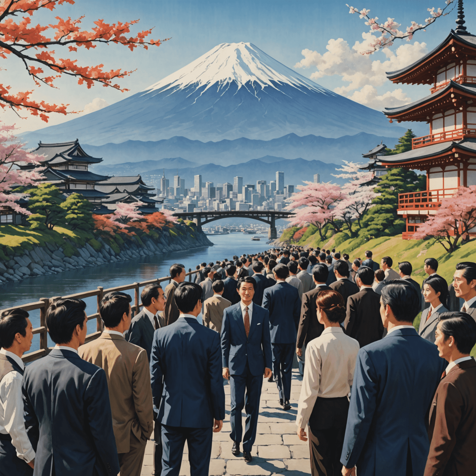 Artistic depiction of a diverse group of professionals forming a bridge between Western and Japanese business cultures, with Mount Fuji in the background.